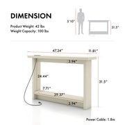 Informational dimensions image of a contemporary soft white rectangular console with a charging panel on a white background