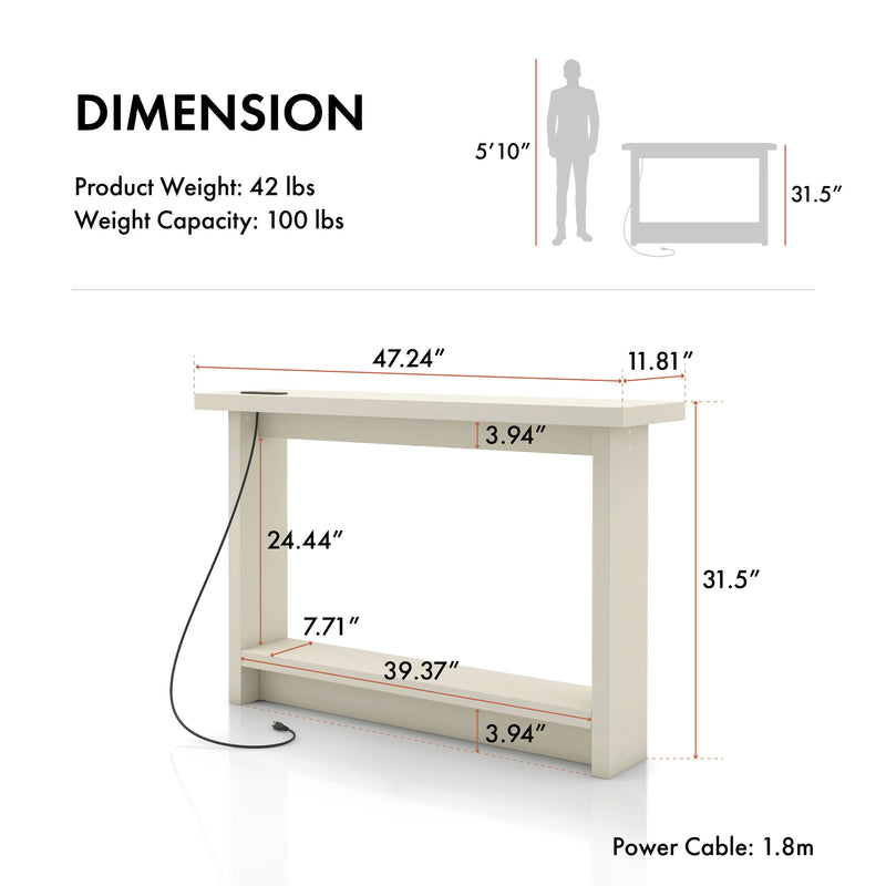 Informational dimensions image of a contemporary soft white rectangular console with a charging panel on a white background