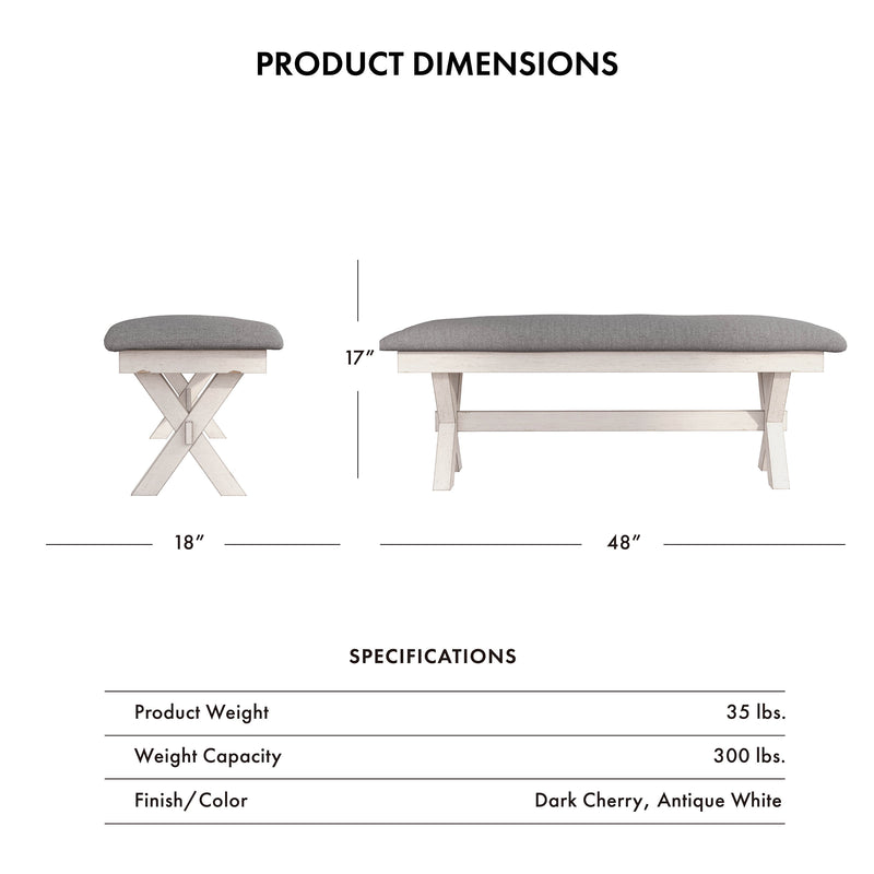 Espinoza Antique White & Grey Linen Upholstered Trestled Dining Bench