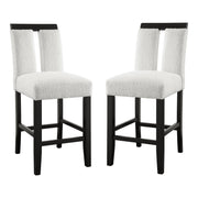 Right facing set of two contemporary black with white boucle counter height stools on a white background