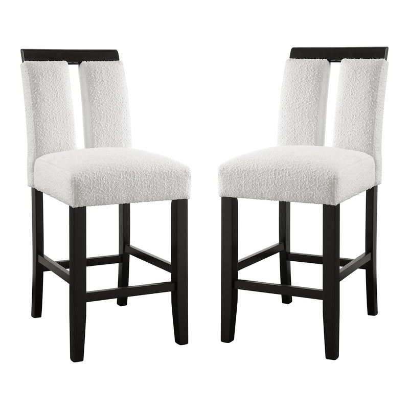 Right facing set of two contemporary black with white boucle counter height stools on a white background