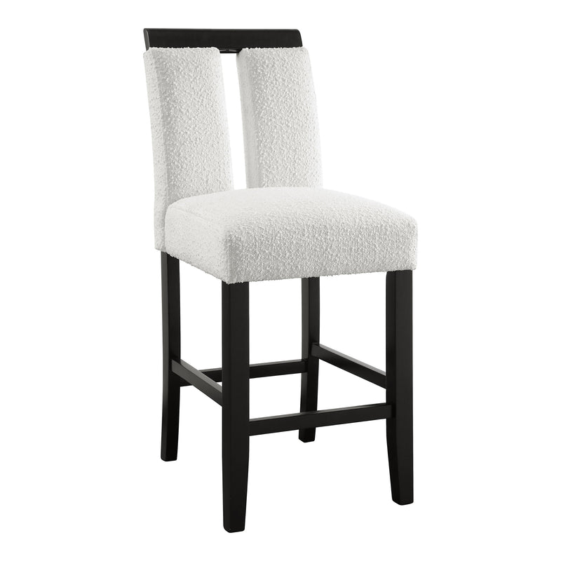 Right facing single view of a set of two contemporary black with white boucle counter height stools on a white background