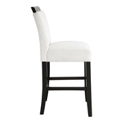 Front facing single side view of a set of two contemporary black with white boucle counter height stools on a white background