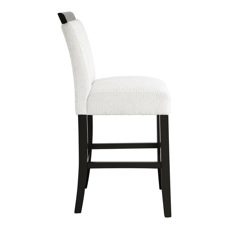 Front facing single side view of a set of two contemporary black with white boucle counter height stools on a white background