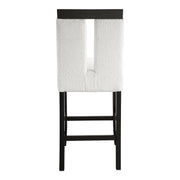 Front facing single back view of a set of two contemporary black with white boucle counter height stools on a white background