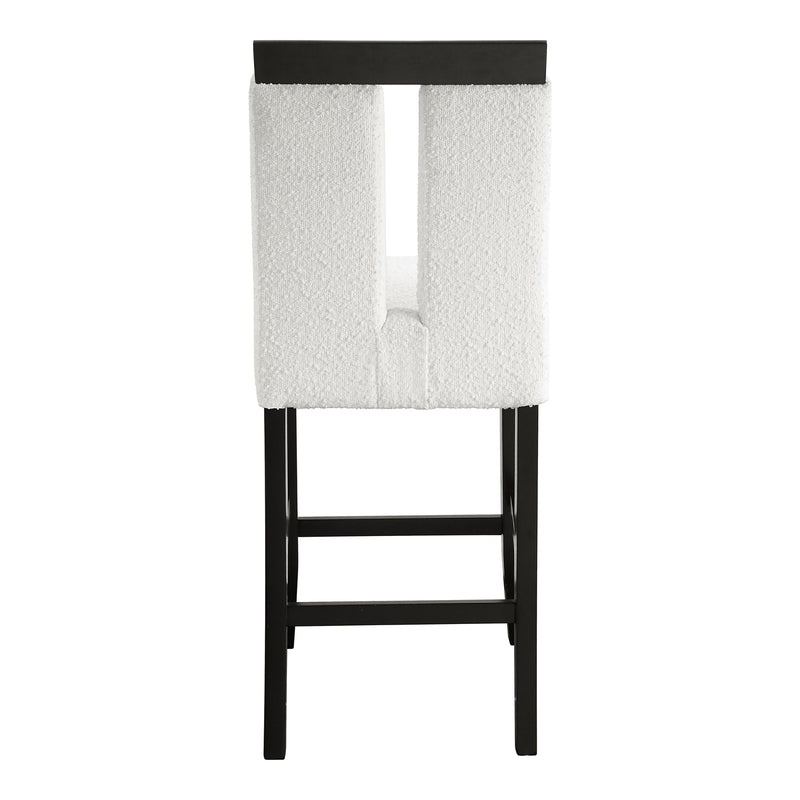 Front facing single back view of a set of two contemporary black with white boucle counter height stools on a white background
