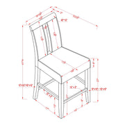 Informational schematic drawing showing the dimensions of a set of two contemporary black with white boucle counter height stools