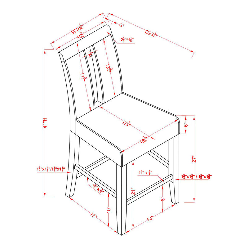 Informational schematic drawing showing the dimensions of a set of two contemporary black with white boucle counter height stools