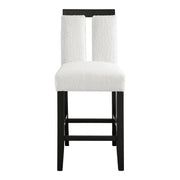 Front facing single view of a set of two contemporary black with white boucle counter height stools on a white background