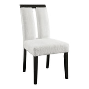 Right facing single view of a set of two contemporary black with white boucle dining side chairs on a white background