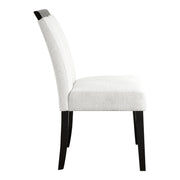 Front facing single side view of a set of two contemporary black with white boucle dining side chairs on a white background