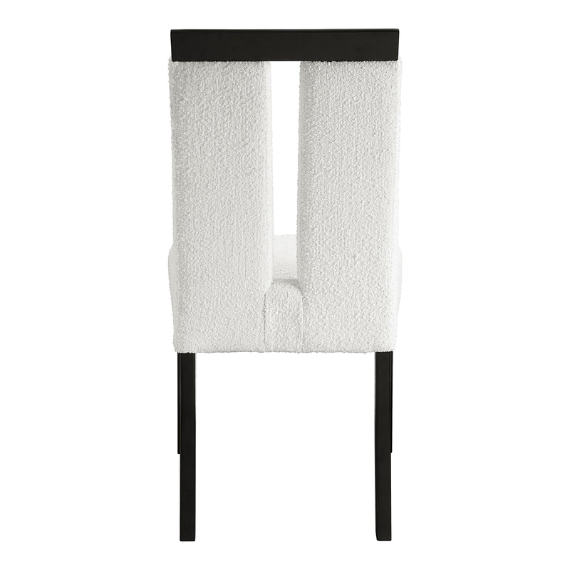 Front facing single back view of a set of two contemporary black with white boucle dining side chairs on a white background