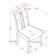 Informational schematic drawing showing the dimensions of a set of two contemporary black with white boucle dining side chairs