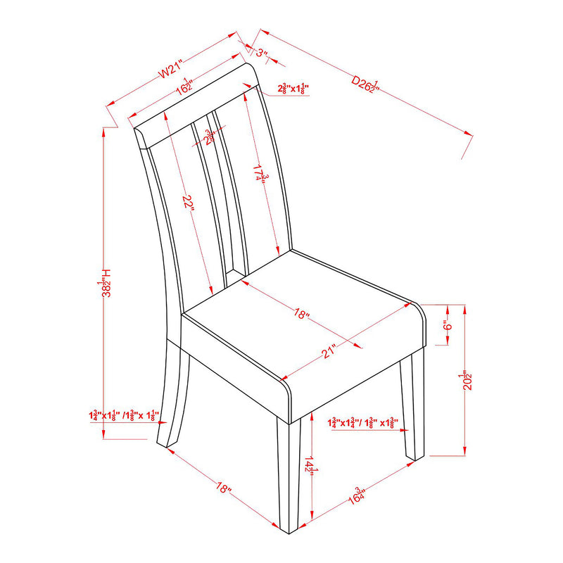 Informational schematic drawing showing the dimensions of a set of two contemporary black with white boucle dining side chairs