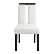 Front facing single side view of a set of two contemporary black with white boucle dining side chairs on a white background
