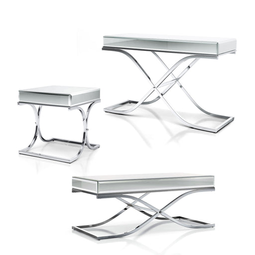 Mixed view of contemporary glam chrome finish steel and mirror coffee table, console table, and end table set on white background.