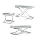 Mixed view of contemporary glam chrome finish steel and mirror coffee table, console table, and end table set on white background.