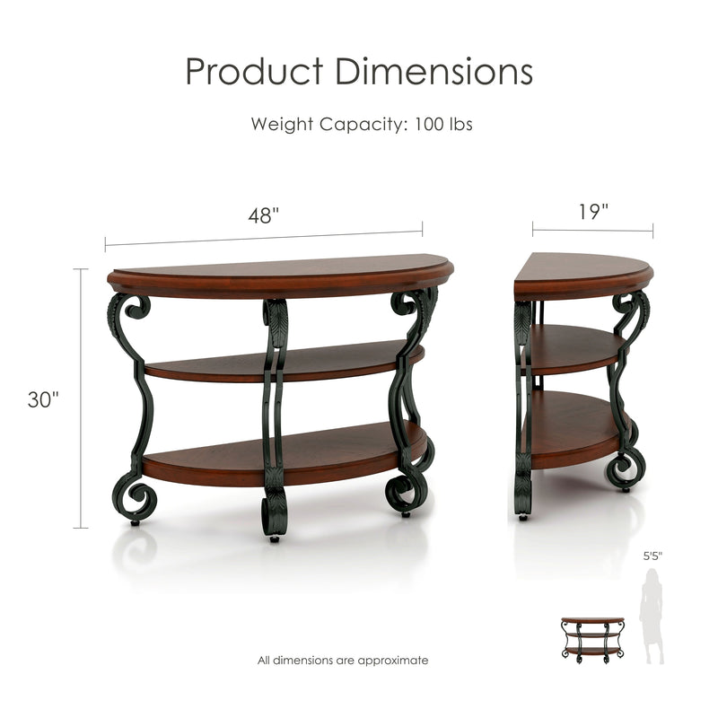 Selina Brown Cherry Finish Scrolled Leg 2-Shelf Semi-Circle Sofa Table