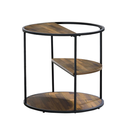 Front-facing urban black and wood grain round end table on a white background