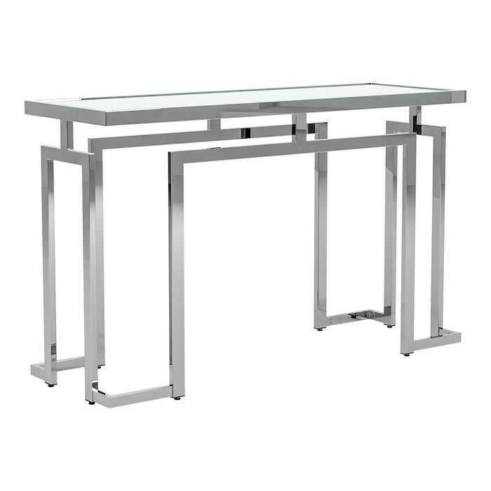 Right angled contemporary chrome steel console table on a white background. Tempered glass top and geometric base design lends sleek look.
