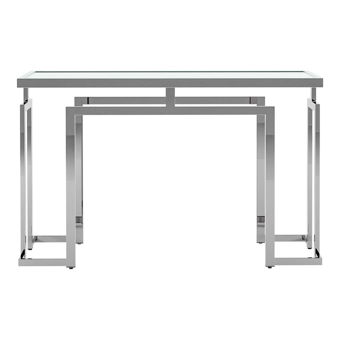 Front-facing contemporary chrome steel console table on a white background. Tempered glass top and geometric base design lends sleek look.