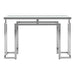 Front-facing contemporary chrome steel console table on a white background. Tempered glass top and geometric base design lends sleek look.