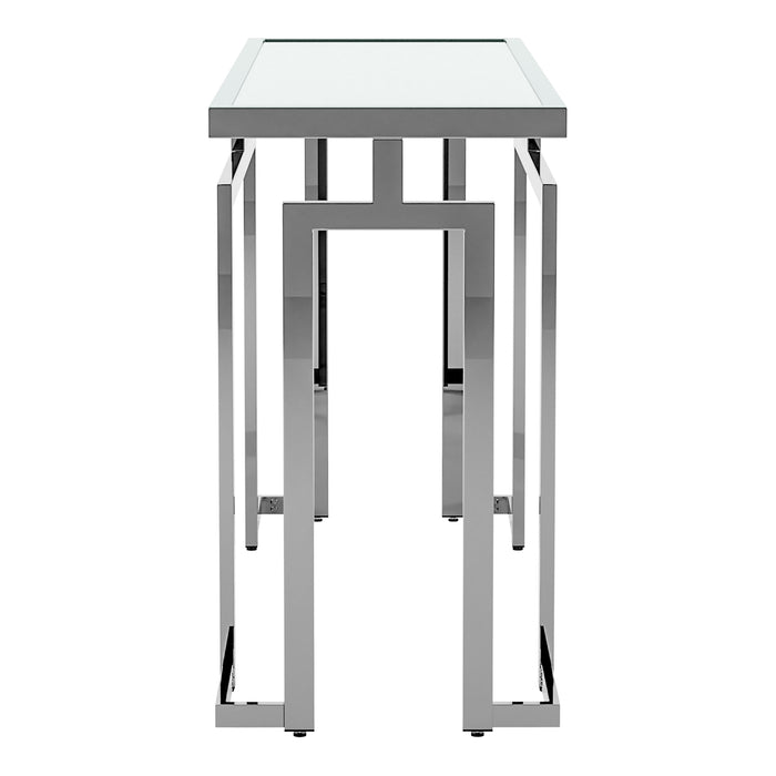 Side-facing contemporary chrome steel console table on a white background. Tempered glass top and geometric base design lends sleek look.