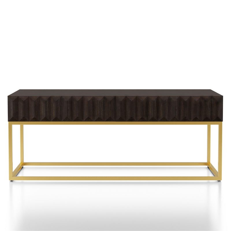 Front-facing contemporary walnut gold coffee table on a white background. Slim gold steel base and geometric texture wood drawer front offers lovely attention to detail.
