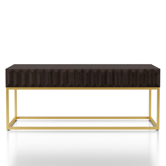 Front-facing contemporary walnut gold coffee table on a white background. Slim gold steel base and geometric texture wood drawer front offers lovely attention to detail.