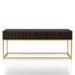 Front-facing contemporary walnut gold coffee table on a white background. Slim gold steel base and geometric texture wood drawer fronts.