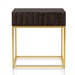 Front-facing contemporary walnut gold end table on a white background. Slim gold steel base and geometric texture wood drawer front offers lovely attention to detail.