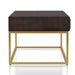 Side-facing contemporary walnut gold coffee table on a white background. Slim gold steel base and geometric texture wood drawer fronts offers lovely attention to detail.