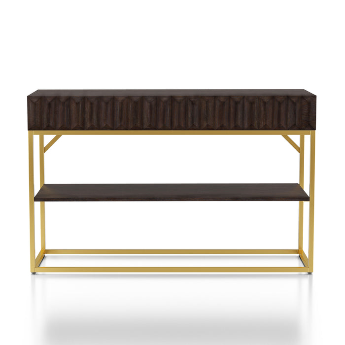 Front-facing contemporary walnut gold console table on a white background. Slim gold steel base and geometric texture wood drawer fronts. Open middle shelf for decor.