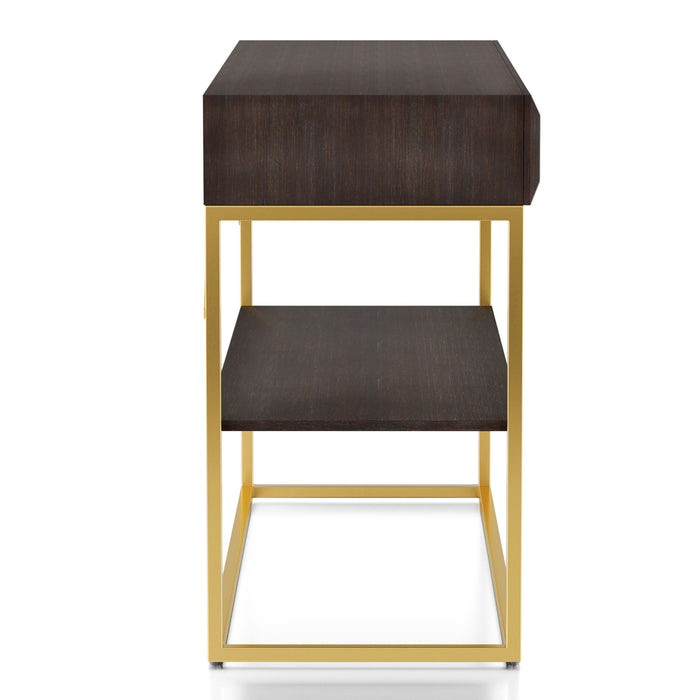 Side-facing contemporary walnut gold console table on a white background. Slim gold steel base and geometric texture wood drawer fronts. Open middle shelf for decor.