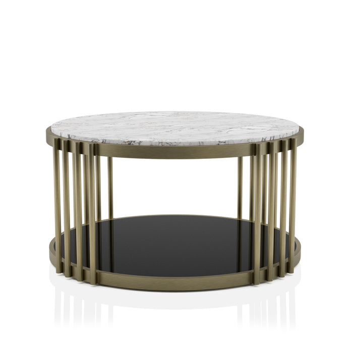 Esmee Antique Brass with Faux White Marble & Gloss Black Coffee Table
