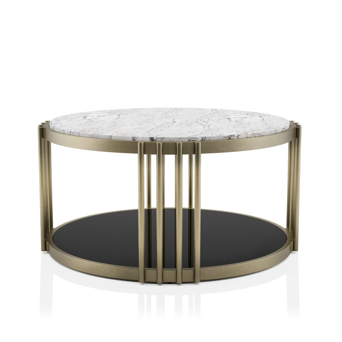 Esmee Antique Brass with Faux White Marble & Gloss Black Coffee Table