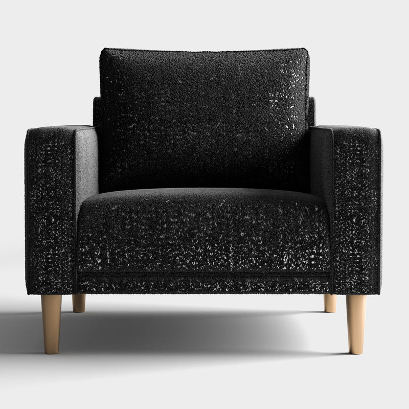 Front facing contemporary black and metallic boucle accent armchair on a white background