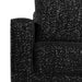 Front facing close up of the armrest and upholstery of a contemporary black and metallic boucle loveseat on a white background
