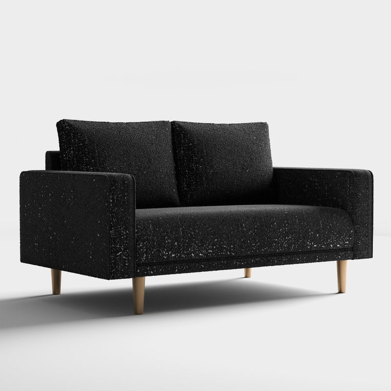 Right facing contemporary black and metallic boucle loveseat on a white background