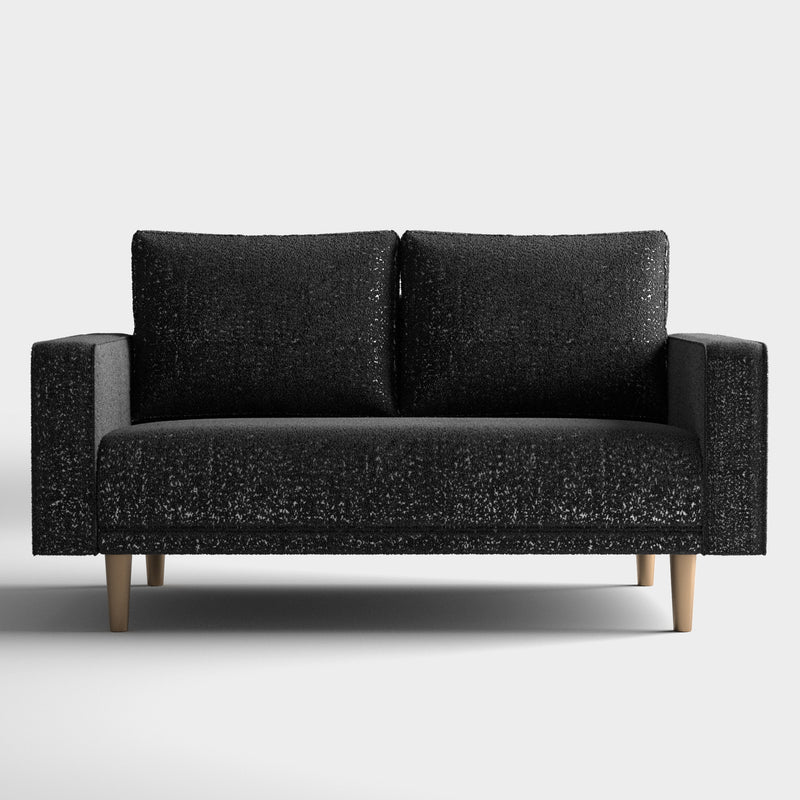 Front facing contemporary black and metallic boucle loveseat on a white background