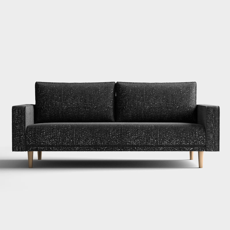 Front facing contemporary black and metallic boucle sofa on a white background