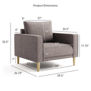 Informational dimensions image of a contemporary charcoal gray and metallic boucle accent armchair