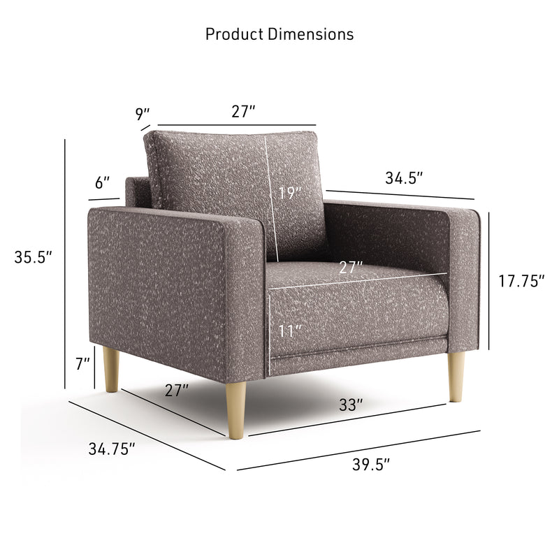 Informational dimensions image of a contemporary charcoal gray and metallic boucle accent armchair