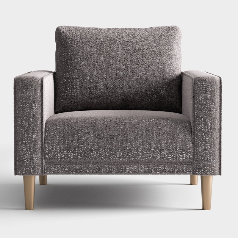 Front facing contemporary charcoal gray and metallic boucle accent armchair on a white background