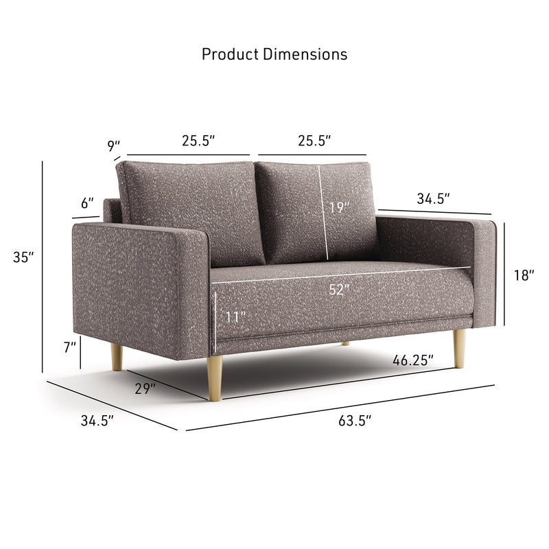 Informational dimensions image of a contemporary charcoal gray and metallic boucle loveseat
