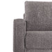 Front facing close up of the armrest and upholstery of a contemporary charcoal gray and metallic boucle loveseat on a white background