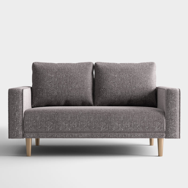 Front facing contemporary charcoal gray and metallic boucle loveseat on a white background