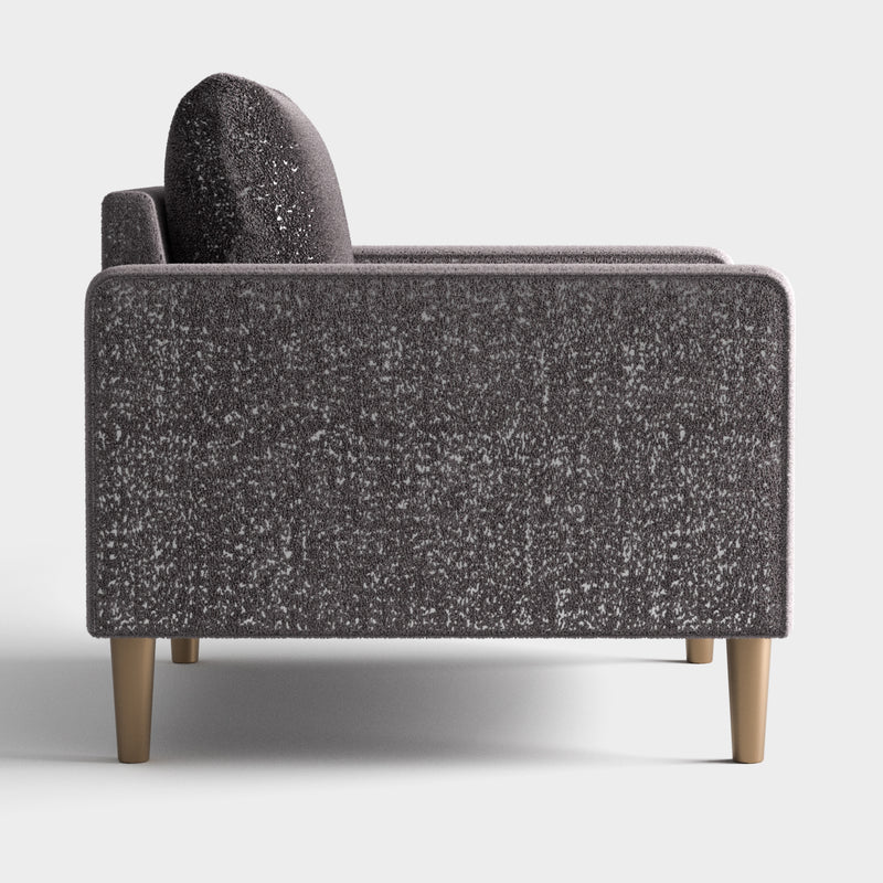 Front facing side view of a contemporary charcoal gray and metallic boucle loveseat on a white background