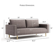 Informational dimensions image of a contemporary charcoal gray and metallic boucle sofa