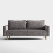 Front facing contemporary charcoal gray and metallic boucle sofa on a white background